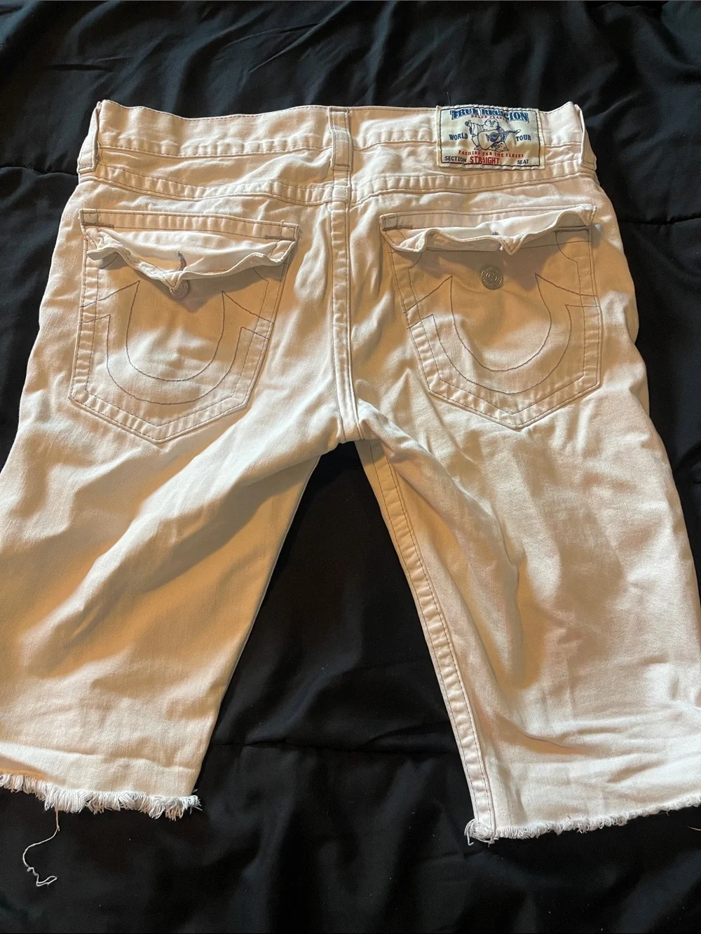 True Religion Men's Cream Denim Jean Shorts with Frayed Hem